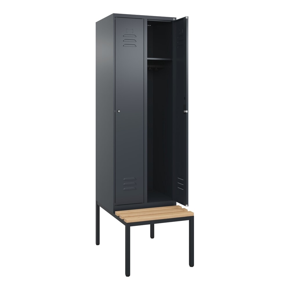 C+P Spind Classic PLUS, 2 Abteile, HxBxT 2.120 x 600 x 815 mm, Zylinderschloss, untergebaute Bank aus Buche, anthrazitgrau, anthrazitgrau