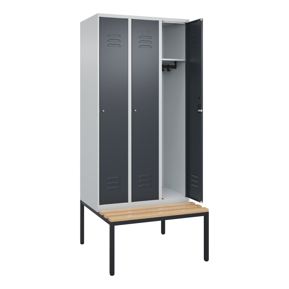 C+P Spind Classic PLUS, 3 Abteile, HxBxT 2.120 x 900 x 815 mm, Zylinderschloss, untergebaute Bank aus Buche, lichtgrau, anthrazitgrau