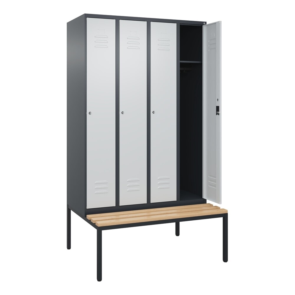 C+P Spind Classic PLUS, 4 Abteile, HxBxT 2.120 x 1.200 x 815 mm, Zylinderschloss, untergebaute Bank aus Buche, anthrazitgrau, lichtgrau