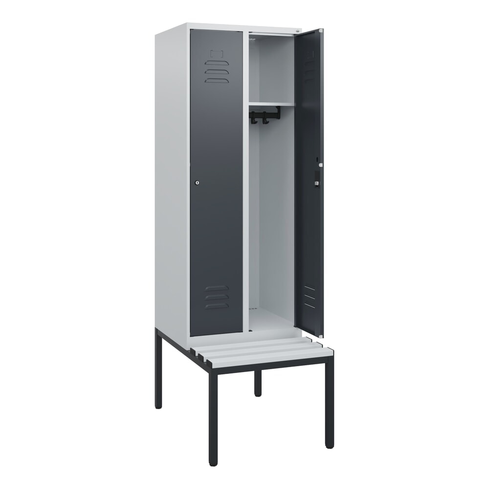 C+P Spind Classic PLUS, 2 Abteile, HxBxT 1.950 x 600 x 815 mm, Zylinderschloss, untergebaute Bank aus Kunststoff, lichtgrau, anthrazitgrau