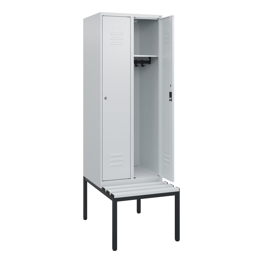 C+P Spind Classic PLUS, 2 Abteile, HxBxT 1.950 x 600 x 815 mm, Zylinderschloss, untergebaute Bank aus Kunststoff, lichtgrau, lichtgrau