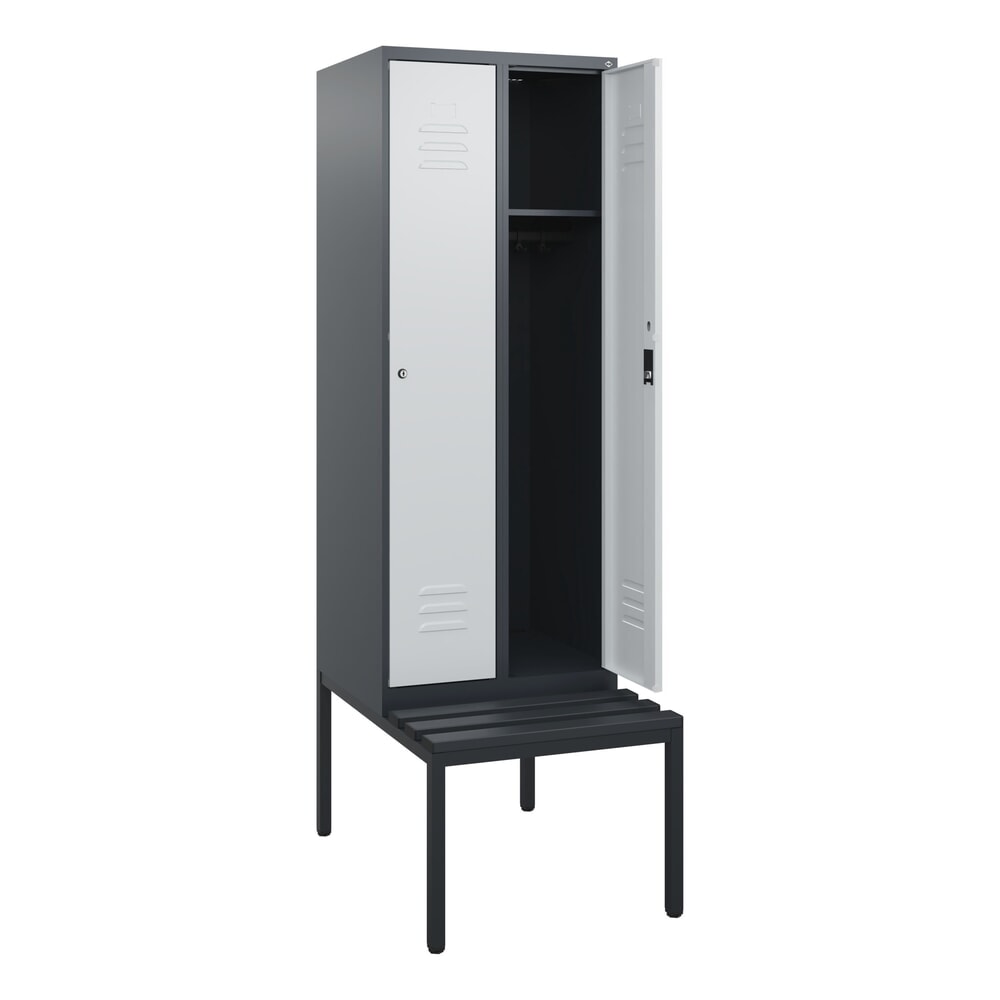 C+P Spind Classic PLUS, 2 Abteile, HxBxT 1.950 x 600 x 815 mm, Zylinderschloss, untergebaute Bank aus Kunststoff, anthrazitgrau, lichtgrau