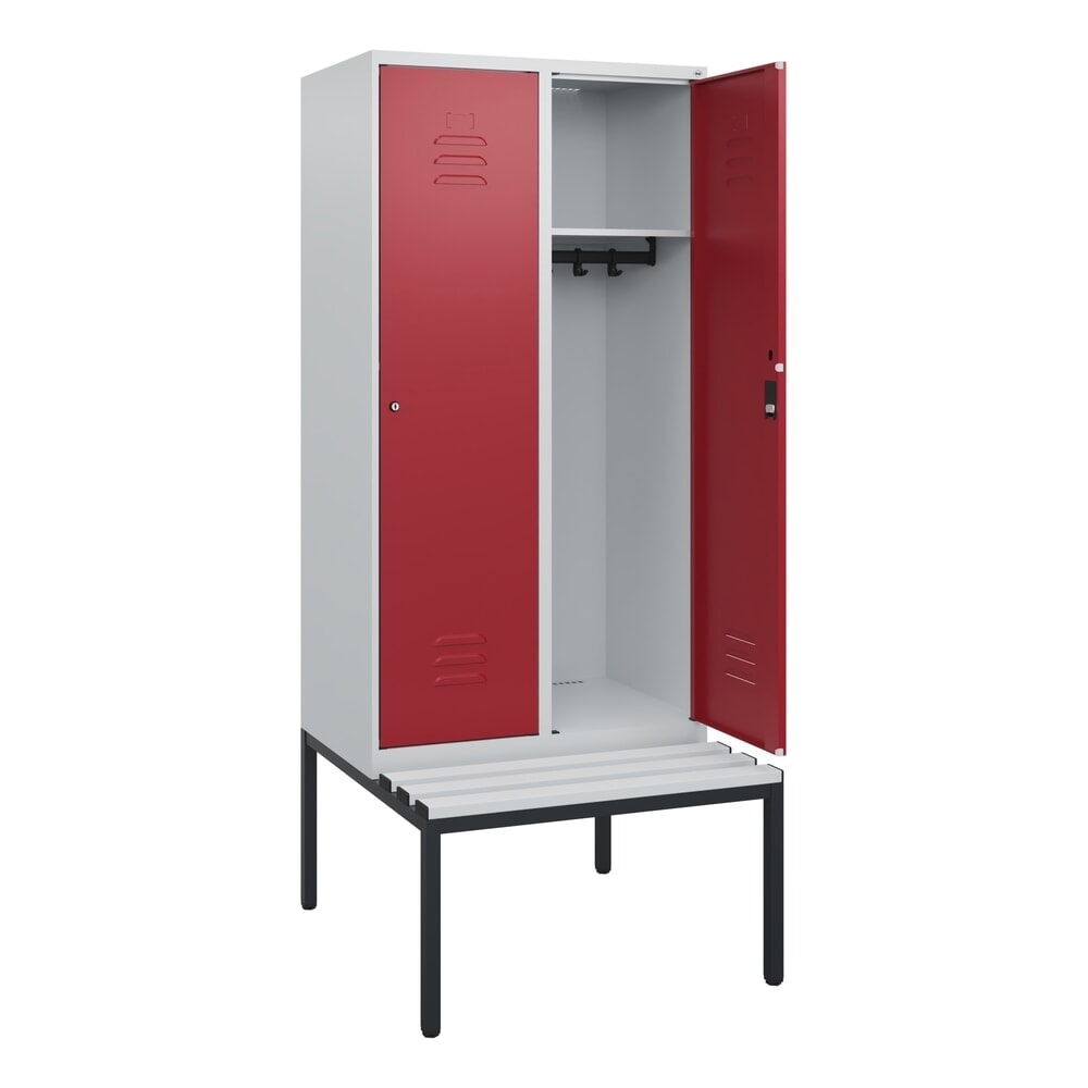 C+P Spind Classic PLUS, 2 Abteile, HxBxT 1.950 x 800 x 815 mm, Zylinderschloss, untergebaute Bank aus Kunststoff, lichtgrau, rubinrot