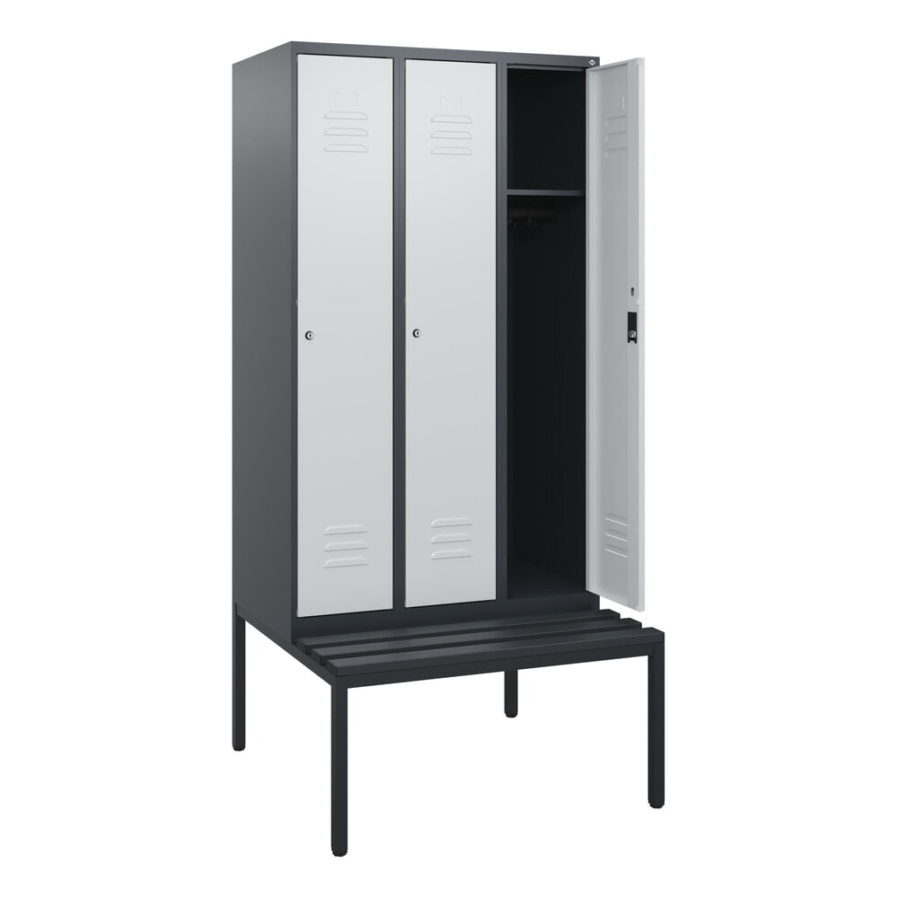 C+P Spind Classic PLUS, 3 Abteile, HxBxT 1.950 x 900 x 815 mm, Zylinderschloss, untergebaute Bank aus Kunststoff, anthrazitgrau, lichtgrau