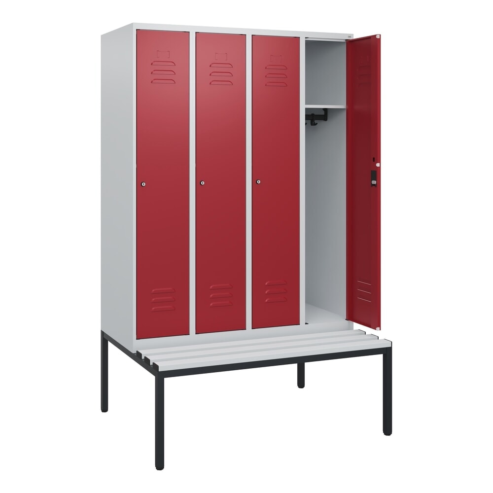 C+P Spind Classic PLUS, 4 Abteile, HxBxT 1.950 x 1.200 x 815 mm, Zylinderschloss, untergebaute Bank aus Kunststoff, lichtgrau, rubinrot
