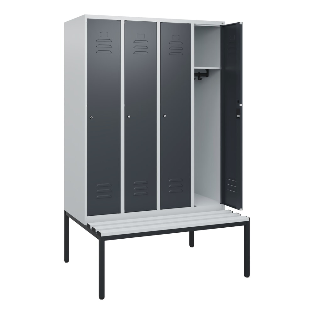 C+P Spind Classic PLUS, 4 Abteile, HxBxT 1.950 x 1.200 x 815 mm, Zylinderschloss, untergebaute Bank aus Kunststoff, lichtgrau, anthrazitgrau
