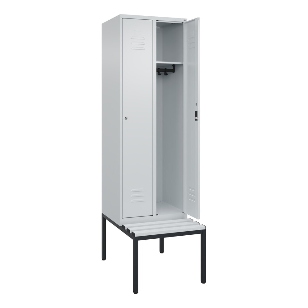 C+P Spind Classic PLUS, 2 Abteile, HxBxT 2.120 x 600 x 815 mm, Zylinderschloss, untergebaute Bank aus Kunststoff, lichtgrau, lichtgrau