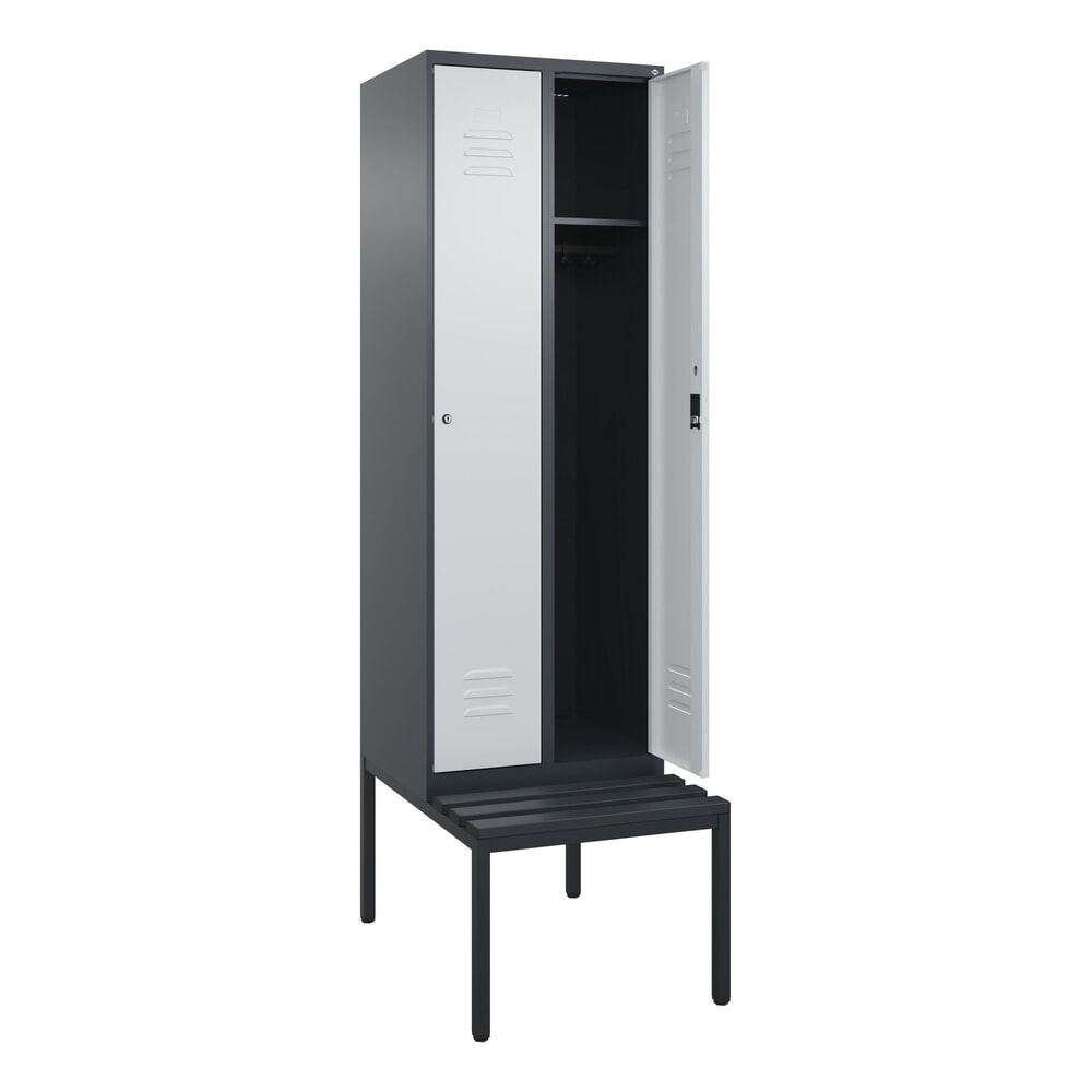 C+P Spind Classic PLUS, 2 Abteile, HxBxT 2.120 x 600 x 815 mm, Zylinderschloss, untergebaute Bank aus Kunststoff, anthrazitgrau, lichtgrau
