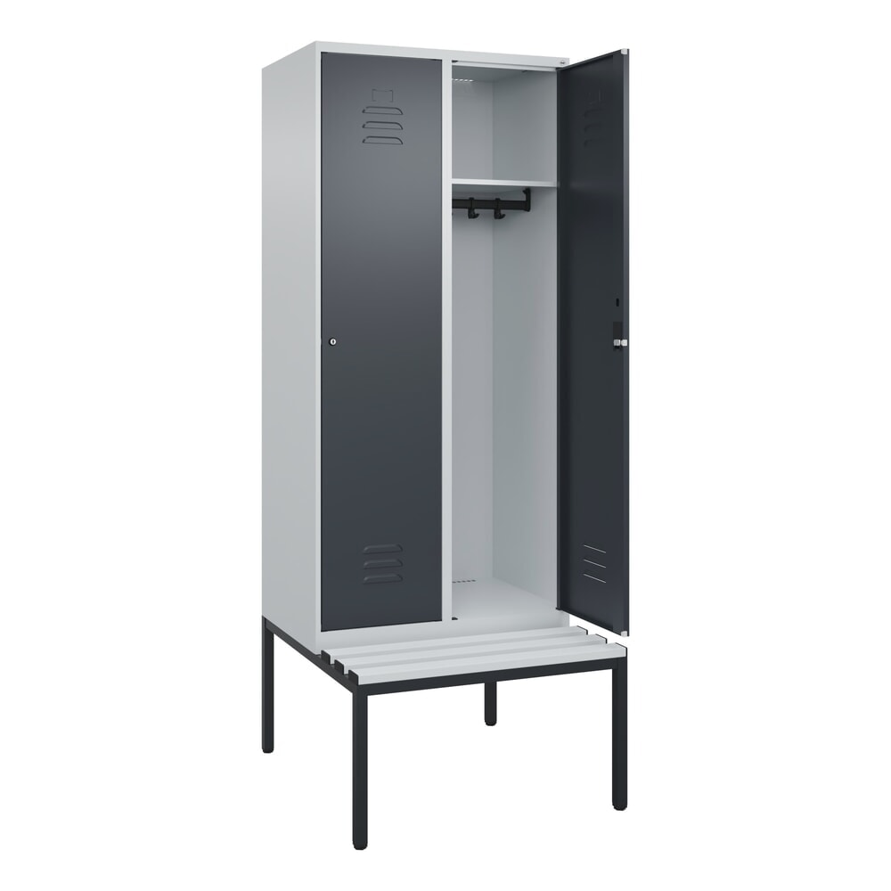 C+P Spind Classic PLUS, 2 Abteile, HxBxT 2.120 x 800 x 815 mm, Zylinderschloss, untergebaute Bank aus Kunststoff, lichtgrau, anthrazitgrau