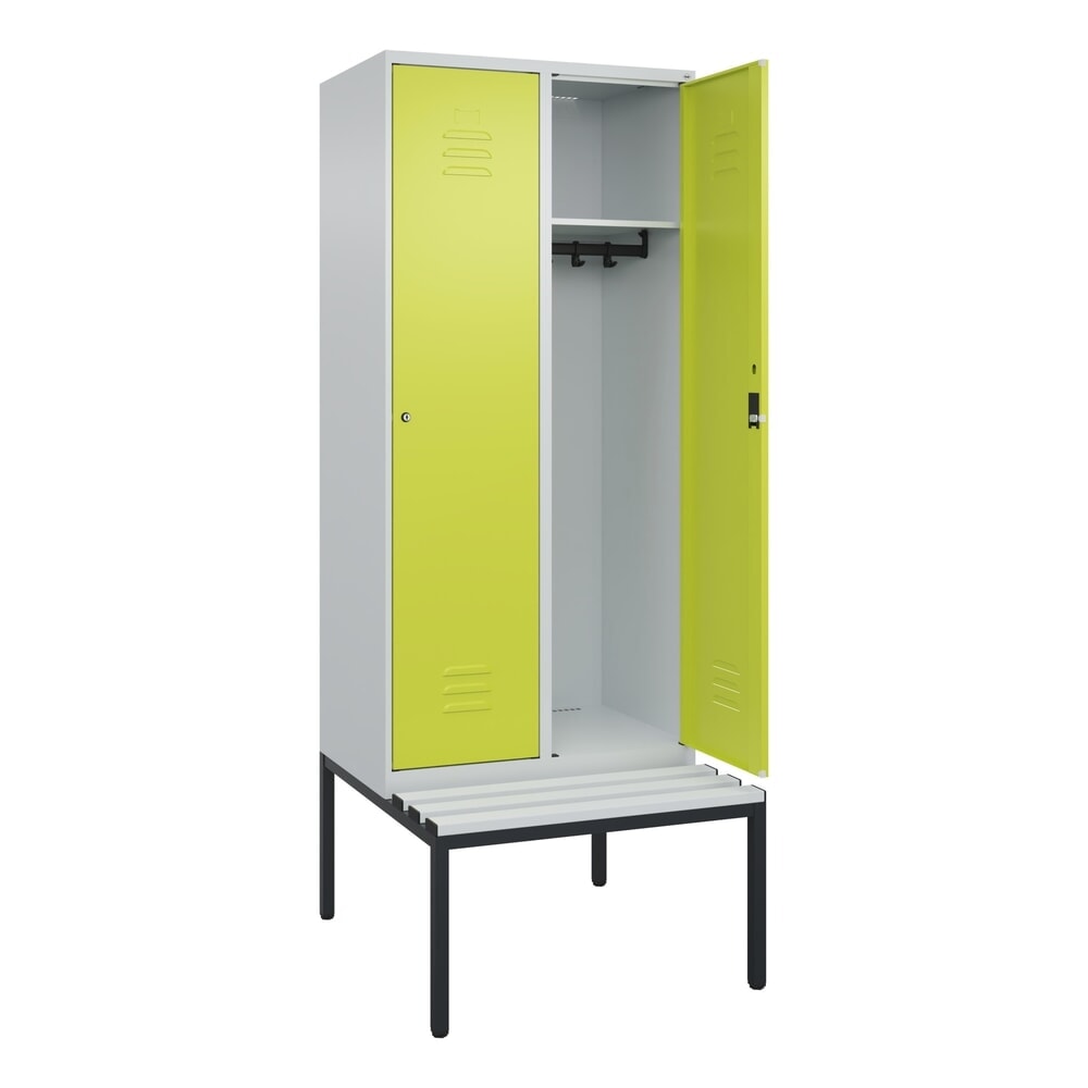 C+P Spind Classic PLUS, 2 Abteile, HxBxT 2.120 x 800 x 815 mm, Zylinderschloss, untergebaute Bank aus Kunststoff, lichtgrau, clowngrün