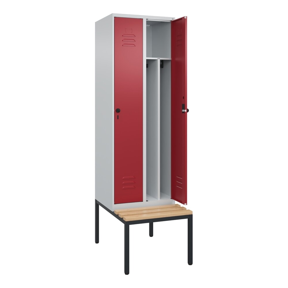 C+P Spind Classic PLUS, 2 Abteile, Trennwand, HxBxT 2.120 x 600 x 815 mm, für Vorhängeschloss, Trennwand, untergebaute Bank aus Buche, lichtgrau, rubinrot