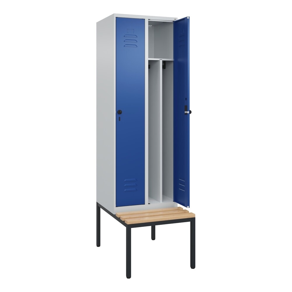 C+P Spind Classic PLUS, 2 Abteile, Trennwand, HxBxT 2.120 x 600 x 815 mm, für Vorhängeschloss, Trennwand, untergebaute Bank aus Buche, lichtgrau, enzianblau