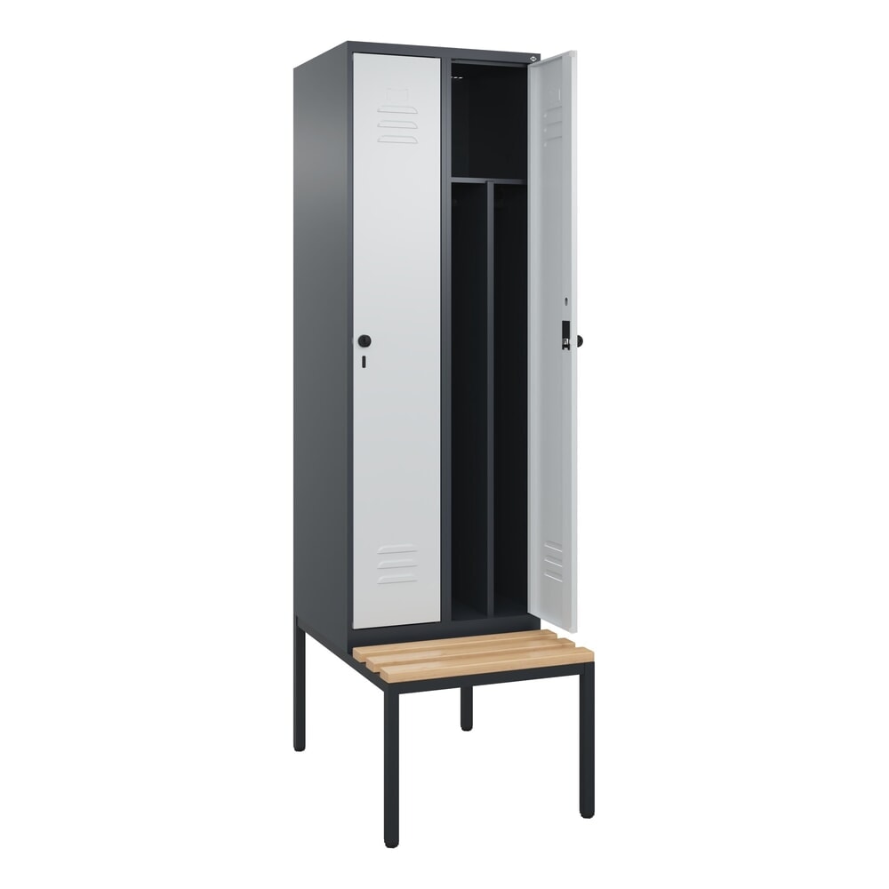 C+P Spind Classic PLUS, 2 Abteile, Trennwand, HxBxT 2.120 x 600 x 815 mm, für Vorhängeschloss, Trennwand, untergebaute Bank aus Buche, anthrazitgrau, lichtgrau