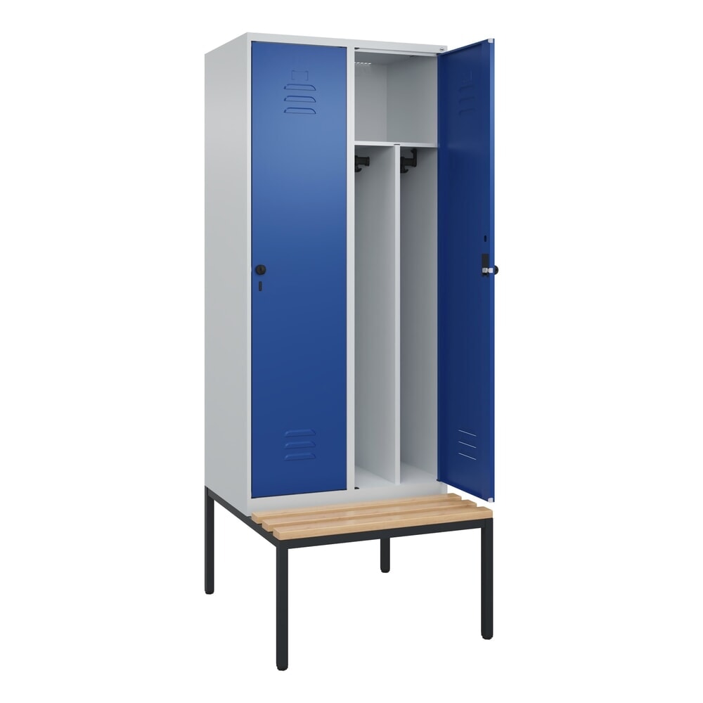 C+P Spind Classic PLUS, 2 Abteile, Trennwand, HxBxT 2.120 x 800 x 815 mm, für Vorhängeschloss, Trennwand, untergebaute Bank aus Buche, lichtgrau, enzianblau