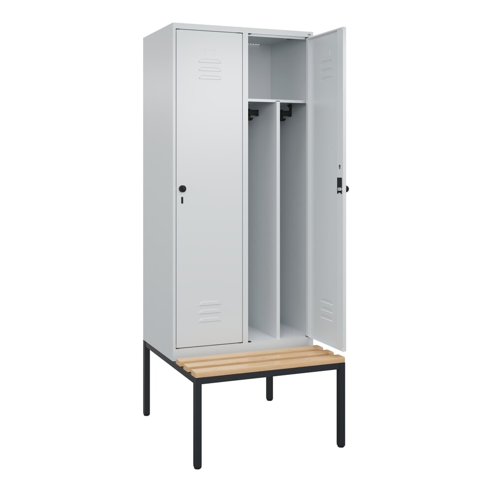 C+P Spind Classic PLUS, 2 Abteile, Trennwand, HxBxT 2.120 x 800 x 815 mm, für Vorhängeschloss, Trennwand, untergebaute Bank aus Buche, lichtgrau, lichtgrau