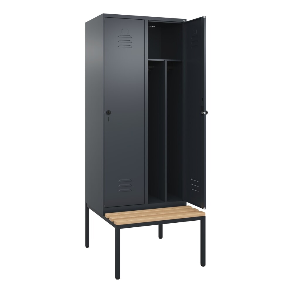 C+P Spind Classic PLUS, 2 Abteile, Trennwand, HxBxT 2.120 x 800 x 815 mm, für Vorhängeschloss, Trennwand, untergebaute Bank aus Buche, anthrazitgrau, anthrazitgrau