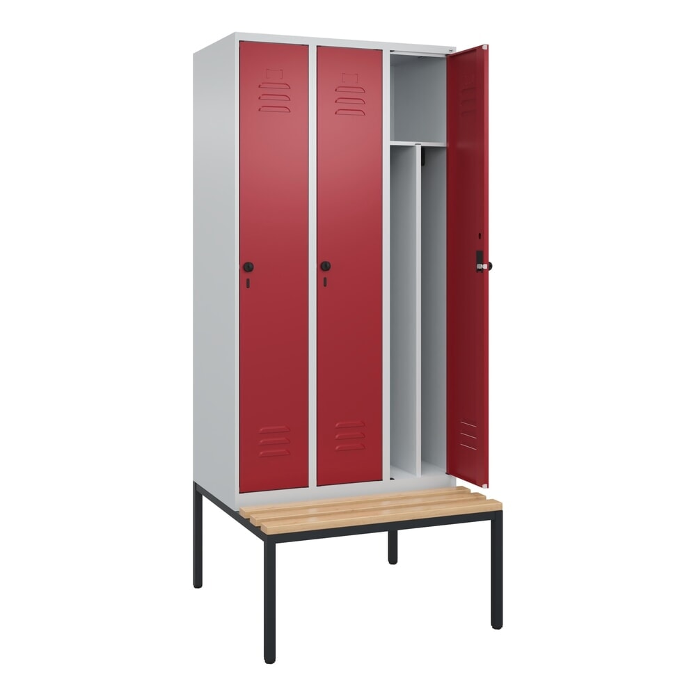 C+P Spind Classic PLUS, 3 Abteile, Trennwand, HxBxT 2.120 x 900 x 815 mm, für Vorhängeschloss, Trennwand, untergebaute Bank aus Buche, lichtgrau, rubinrot