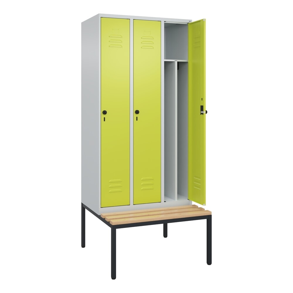 C+P Spind Classic PLUS, 3 Abteile, Trennwand, HxBxT 2.120 x 900 x 815 mm, für Vorhängeschloss, Trennwand, untergebaute Bank aus Buche, lichtgrau, clowngrün