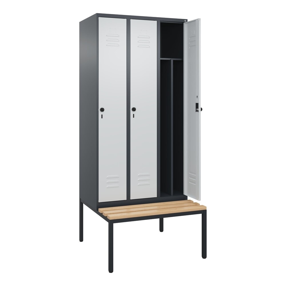 C+P Spind Classic PLUS, 3 Abteile, Trennwand, HxBxT 2.120 x 900 x 815 mm, für Vorhängeschloss, Trennwand, untergebaute Bank aus Buche, anthrazitgrau, lichtgrau