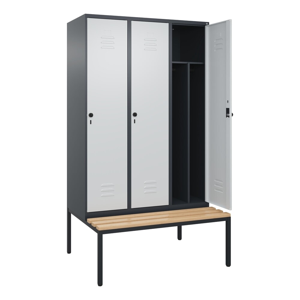 C+P Spind Classic PLUS, 3 Abteile, Trennwand, HxBxT 2.120 x 1.200 x 815 mm, für Vorhängeschloss, Trennwand, untergebaute Bank aus Buche, anthrazitgrau, lichtgrau