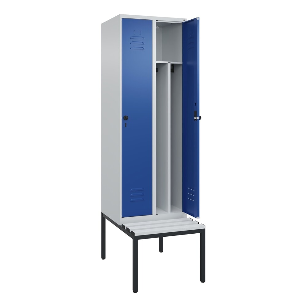 C+P Spind Classic PLUS, 2 Abteile, Trennwand, HxBxT 2.120 x 600 x 815 mm, für Vorhängeschloss, Trennwand, untergebaute Bank aus Kunststoff, lichtgrau, enzianblau