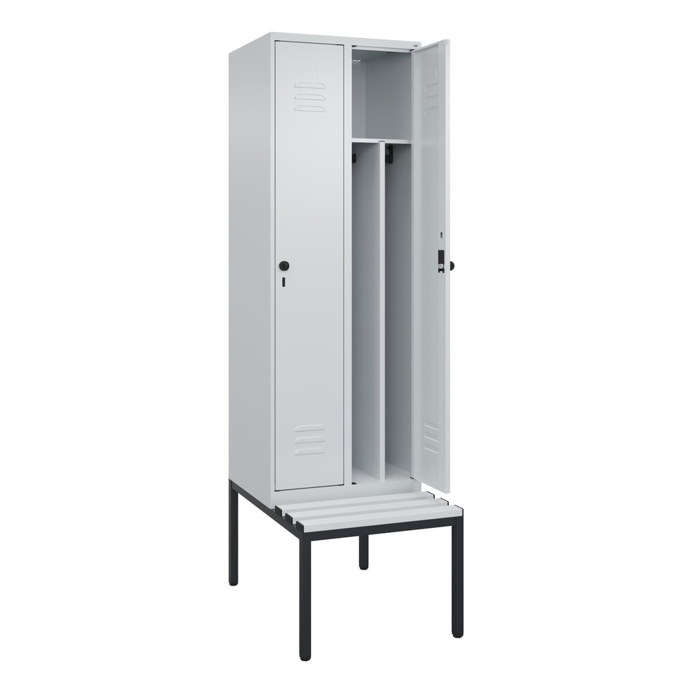 C+P Spind Classic PLUS, 2 Abteile, Trennwand, HxBxT 2.120 x 600 x 815 mm, für Vorhängeschloss, Trennwand, untergebaute Bank aus Kunststoff, lichtgrau, lichtgrau