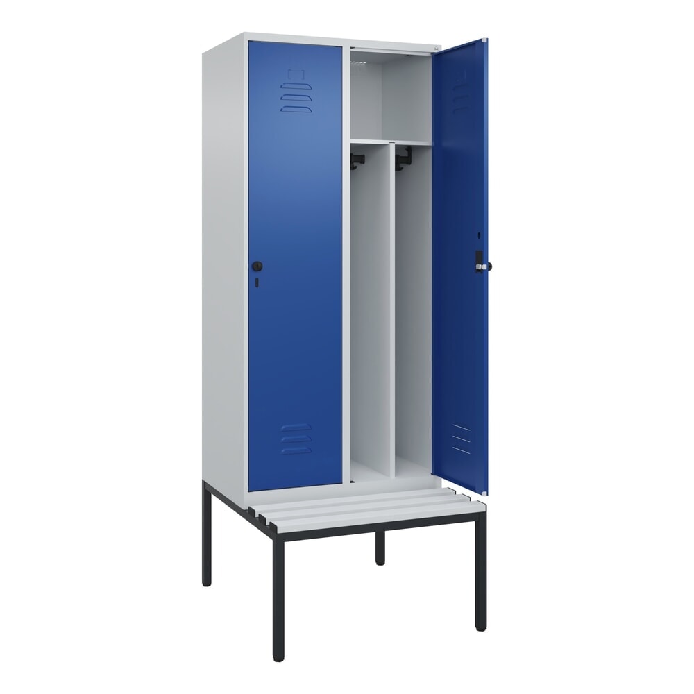 C+P Spind Classic PLUS, 2 Abteile, Trennwand, HxBxT 2.120 x 800 x 815 mm, für Vorhängeschloss, Trennwand, untergebaute Bank aus Kunststoff, lichtgrau, enzianblau