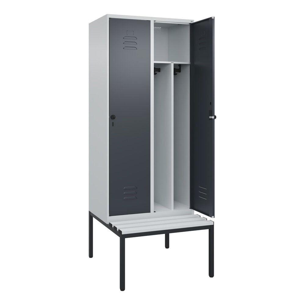 C+P Spind Classic PLUS, 2 Abteile, Trennwand, HxBxT 2.120 x 800 x 815 mm, für Vorhängeschloss, Trennwand, untergebaute Bank aus Kunststoff, lichtgrau, anthrazitgrau