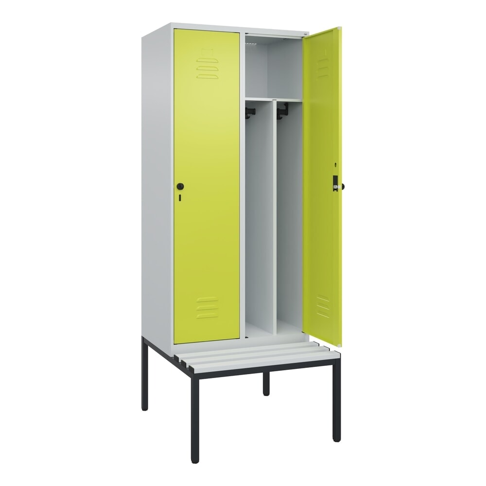 C+P Spind Classic PLUS, 2 Abteile, Trennwand, HxBxT 2.120 x 800 x 815 mm, für Vorhängeschloss, Trennwand, untergebaute Bank aus Kunststoff, lichtgrau, clowngrün