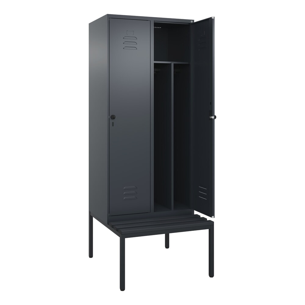 C+P Spind Classic PLUS, 2 Abteile, Trennwand, HxBxT 2.120 x 800 x 815 mm, für Vorhängeschloss, Trennwand, untergebaute Bank aus Kunststoff, anthrazitgrau, anthrazitgrau