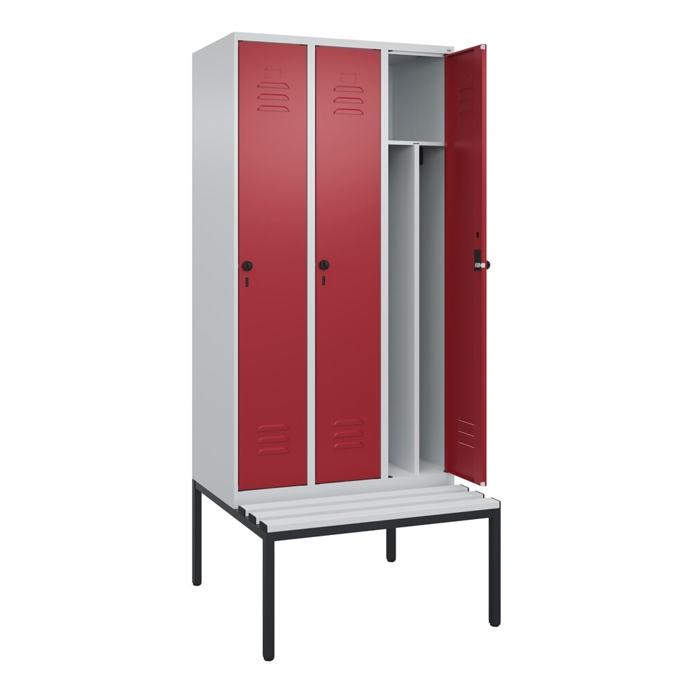C+P Spind Classic PLUS, 3 Abteile, Trennwand, HxBxT 2.120 x 900 x 815 mm, für Vorhängeschloss, Trennwand, untergebaute Bank aus Kunststoff, lichtgrau, rubinrot