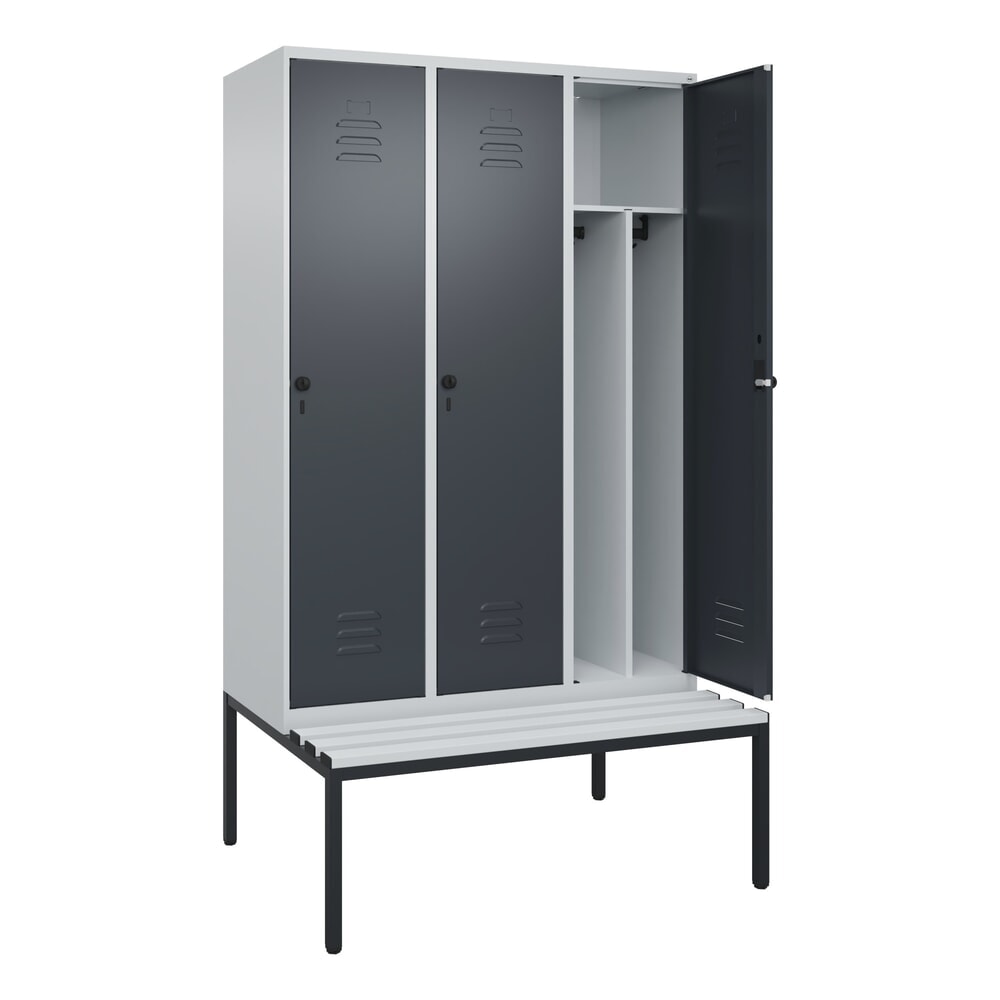 C+P Spind Classic PLUS, 3 Abteile, Trennwand, HxBxT 2.120 x 1.200 x 815 mm, für Vorhängeschloss, Trennwand, untergebaute Bank aus Kunststoff, lichtgrau, anthrazitgrau