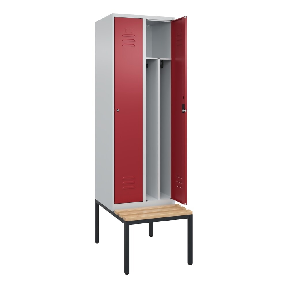 C+P Spind Classic PLUS, 2 Abteile, Trennwand, HxBxT 2.120 x 600 x 815 mm, Zylinderschloss, Trennwand, untergebaute Bank aus Buche, lichtgrau, rubinrot