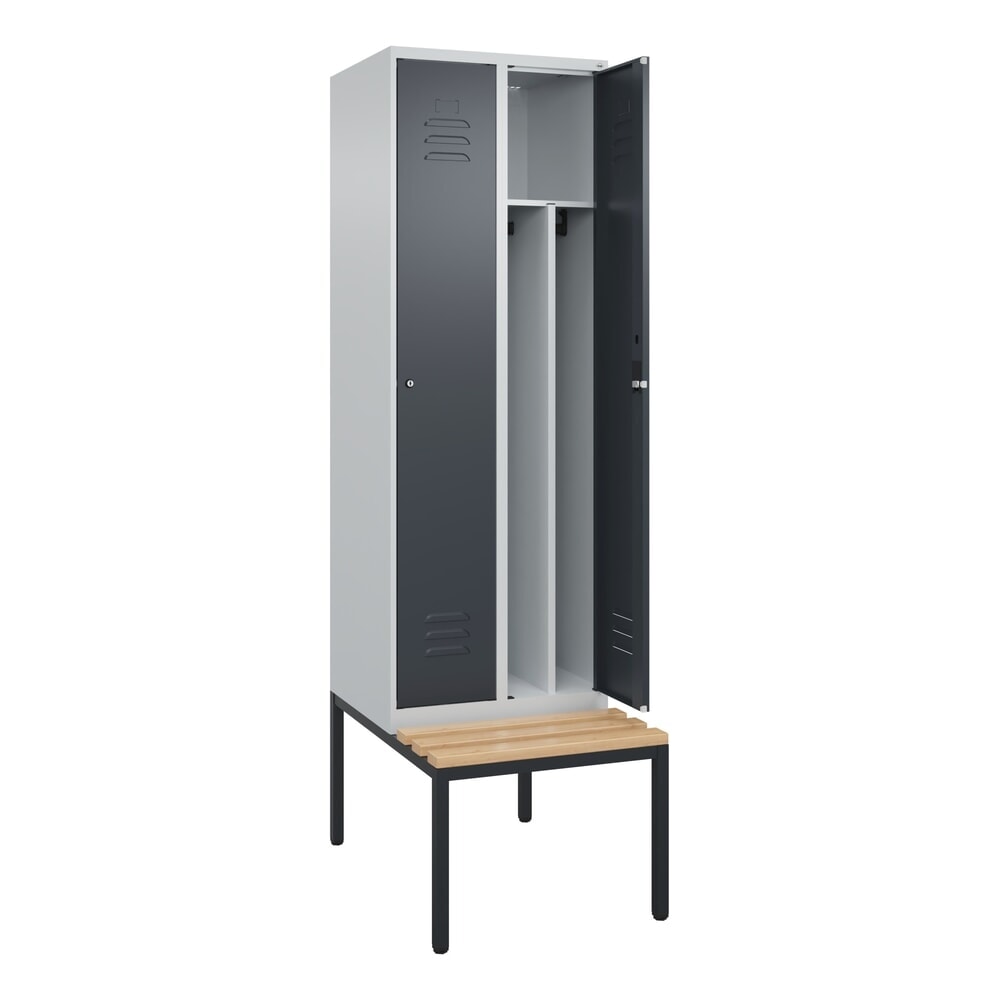 C+P Spind Classic PLUS, 2 Abteile, Trennwand, HxBxT 2.120 x 600 x 815 mm, Zylinderschloss, Trennwand, untergebaute Bank aus Buche, lichtgrau, anthrazitgrau