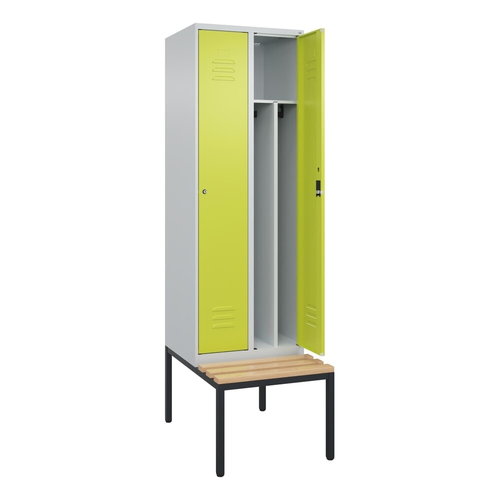 C+P Spind Classic PLUS, 2 Abteile, Trennwand, HxBxT 2.120 x 600 x 815 mm, Zylinderschloss, Trennwand, untergebaute Bank aus Buche, lichtgrau, clowngrün