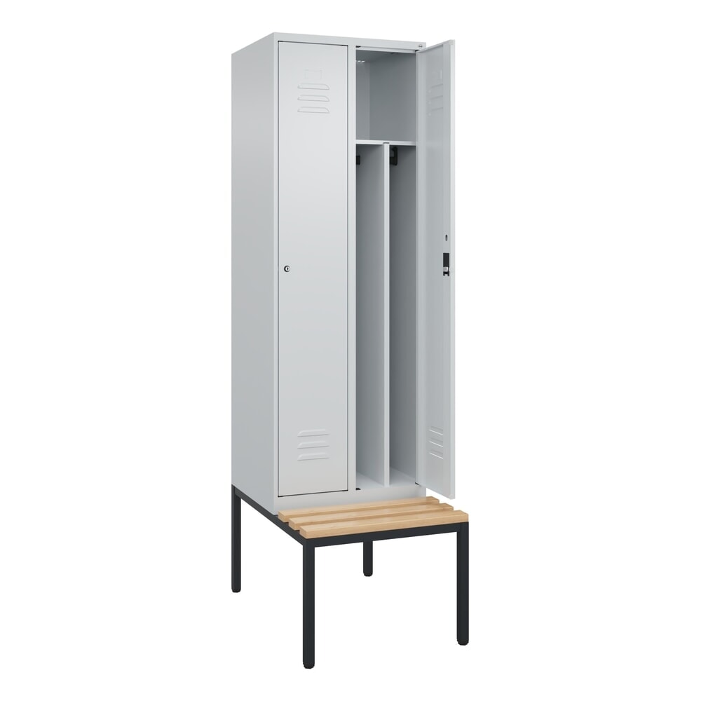 C+P Spind Classic PLUS, 2 Abteile, Trennwand, HxBxT 2.120 x 600 x 815 mm, Zylinderschloss, Trennwand, untergebaute Bank aus Buche, lichtgrau, lichtgrau