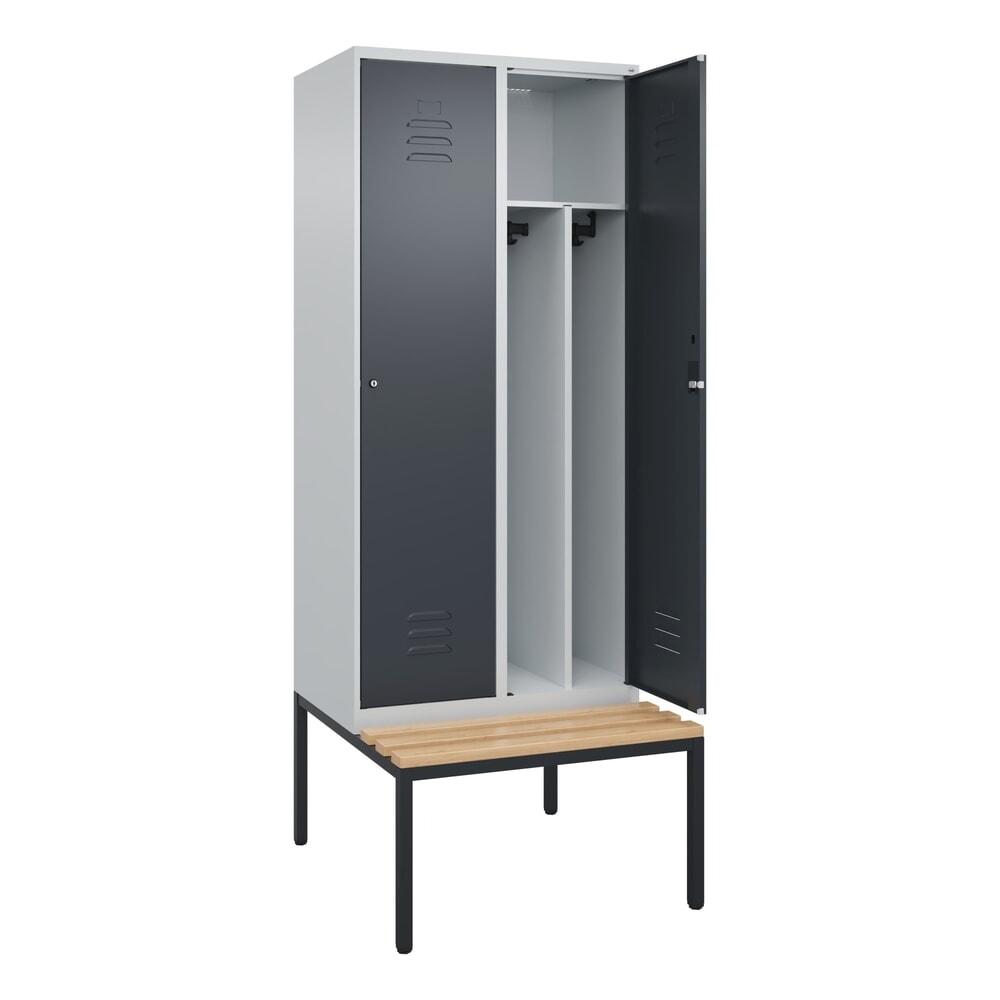 C+P Spind Classic PLUS, 2 Abteile, Trennwand, HxBxT 2.120 x 800 x 815 mm, Zylinderschloss, Trennwand, untergebaute Bank aus Buche, lichtgrau, anthrazitgrau