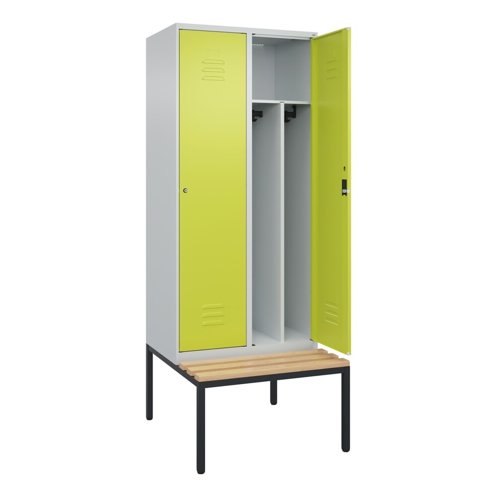 C+P Spind Classic PLUS, 2 Abteile, Trennwand, HxBxT 2.120 x 800 x 815 mm, Zylinderschloss, Trennwand, untergebaute Bank aus Buche, lichtgrau, clowngrün