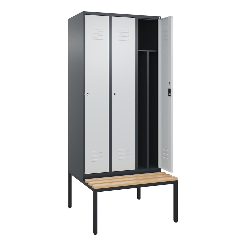 C+P Spind Classic PLUS, 3 Abteile, Trennwand, HxBxT 2.120 x 900 x 815 mm, Zylinderschloss, Trennwand, untergebaute Bank aus Buche, anthrazitgrau, lichtgrau