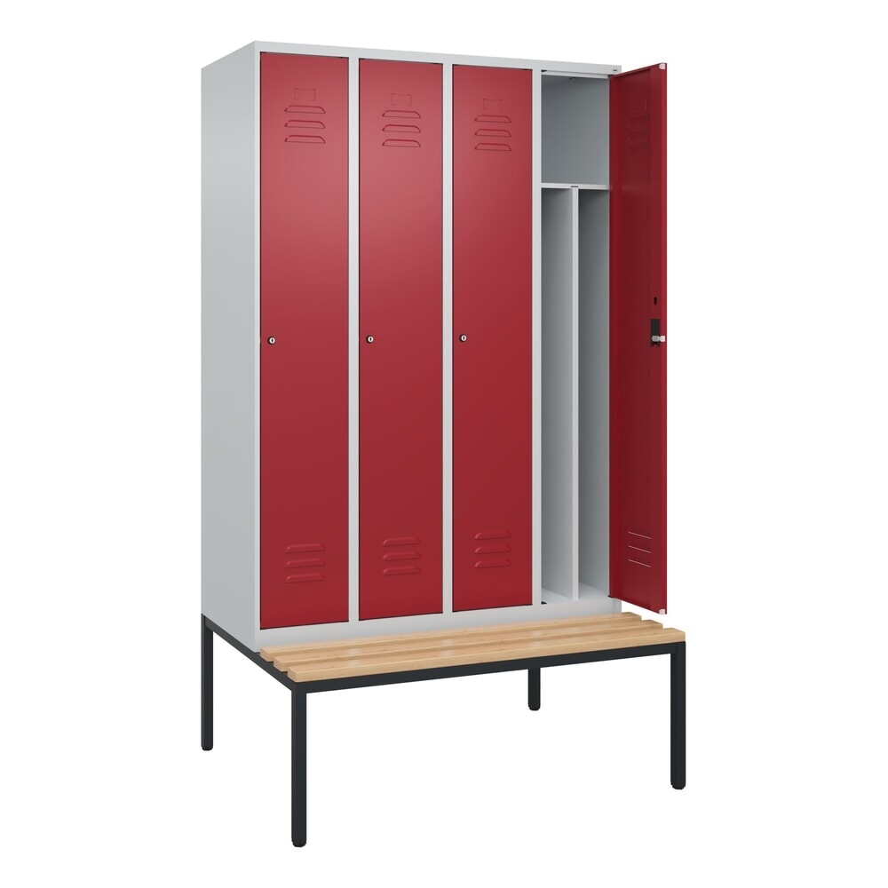 C+P Spind Classic PLUS, 4 Abteile, Trennwand, HxBxT 2.120 x 1.200 x 815 mm, Zylinderschloss, Trennwand, untergebaute Bank aus Buche, lichtgrau, rubinrot
