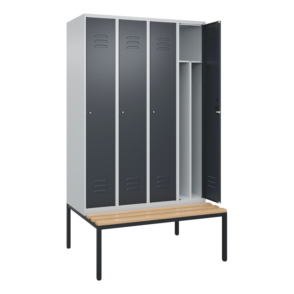 C+P Spind Classic PLUS, 4 Abteile, Trennwand, HxBxT 2.120 x 1.200 x 815 mm, Zylinderschloss, Trennwand, untergebaute Bank aus Buche, lichtgrau, anthrazitgrau