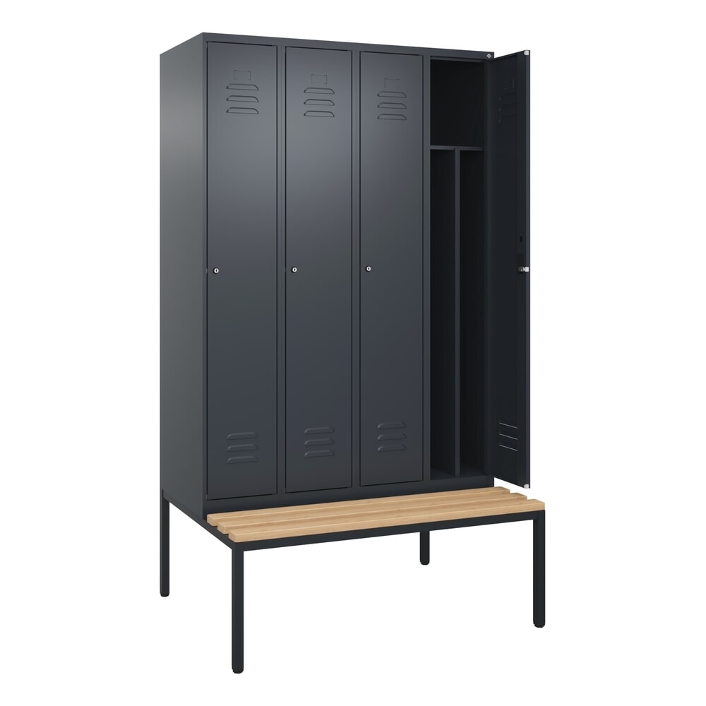 C+P Spind Classic PLUS, 4 Abteile, Trennwand, HxBxT 2.120 x 1.200 x 815 mm, Zylinderschloss, Trennwand, untergebaute Bank aus Buche, anthrazitgrau, anthrazitgrau
