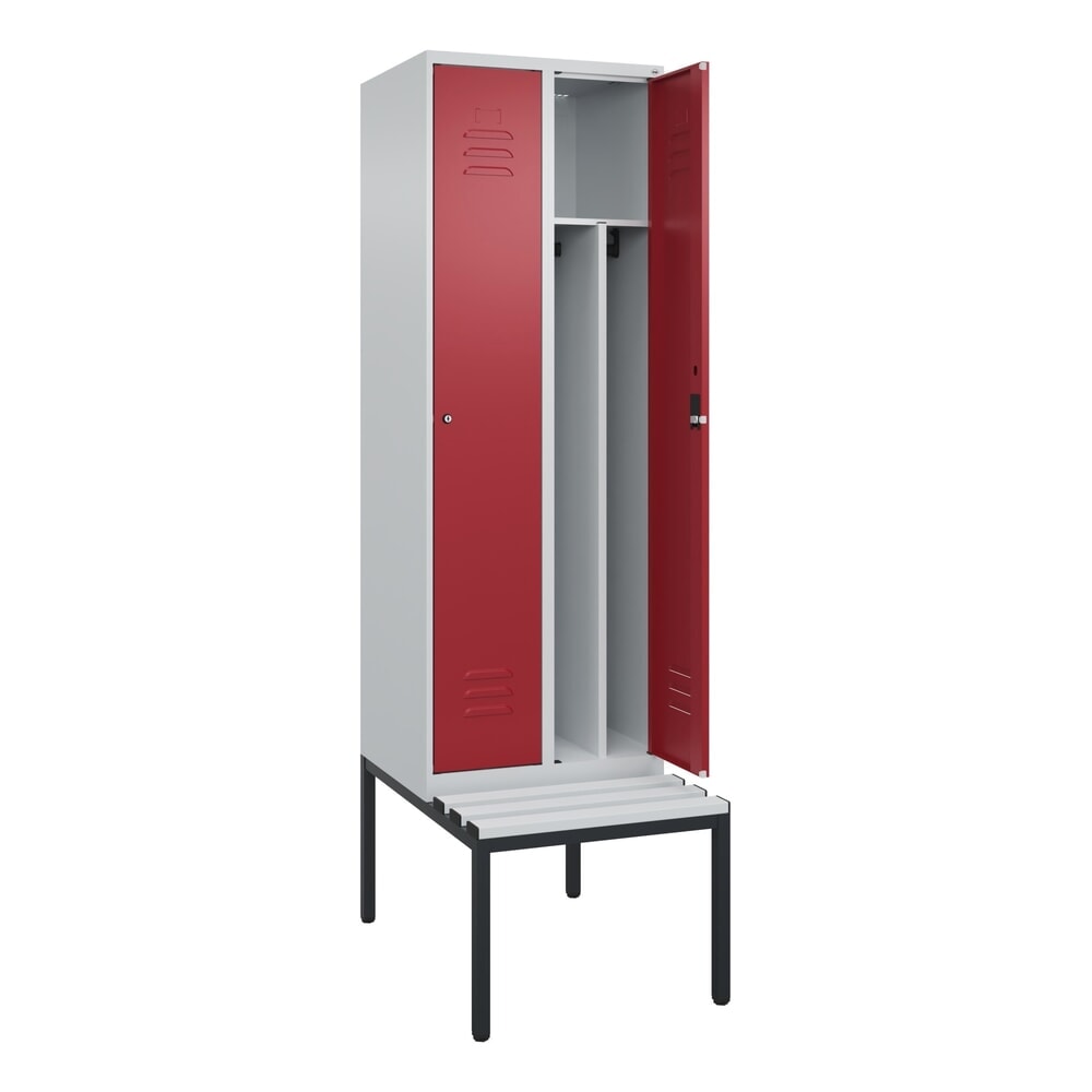 C+P Spind Classic PLUS, 2 Abteile, Trennwand, HxBxT 2.120 x 600 x 815 mm, Zylinderschloss, Trennwand, untergebaute Bank aus Kunststoff, lichtgrau, rubinrot