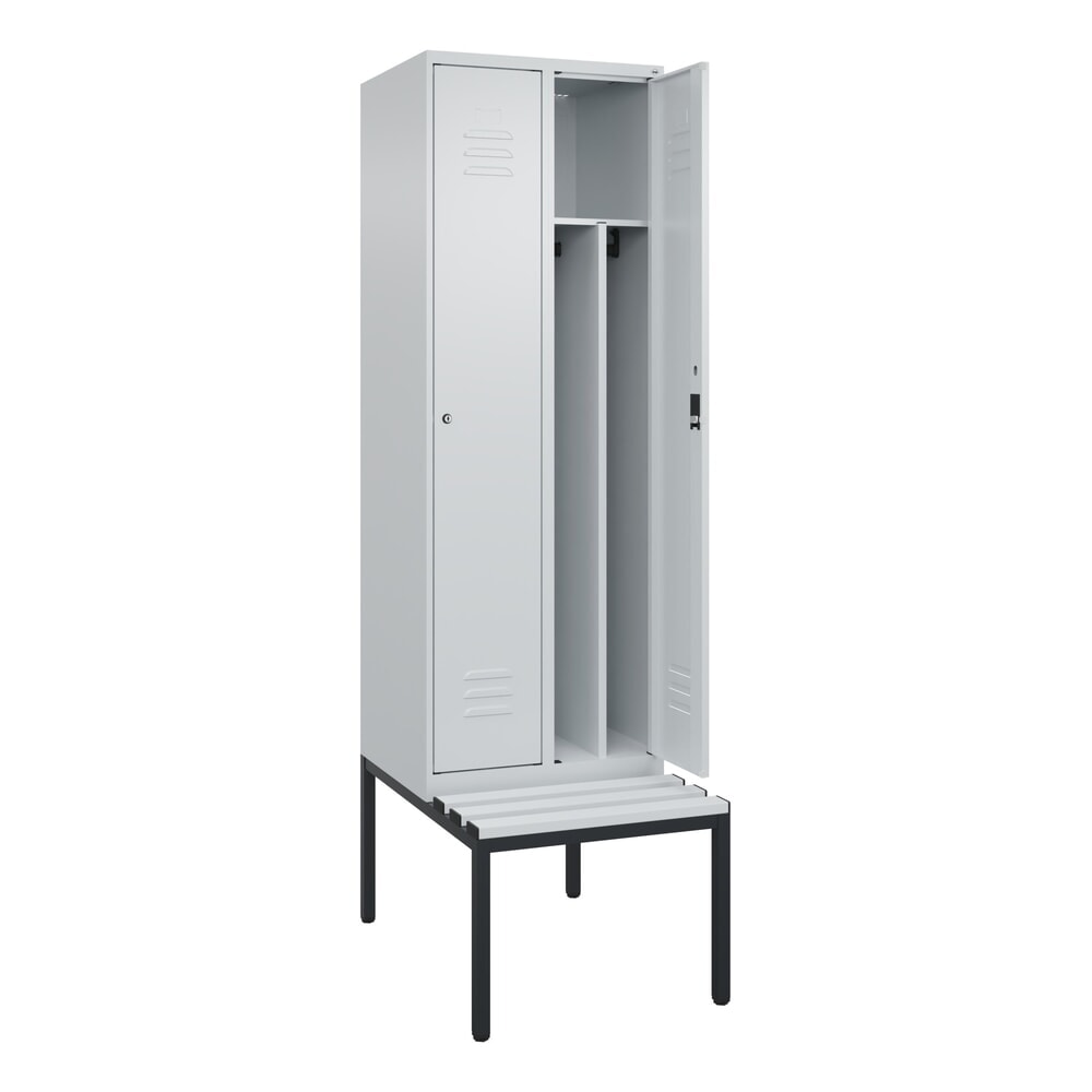 C+P Spind Classic PLUS, 2 Abteile, Trennwand, HxBxT 2.120 x 600 x 815 mm, Zylinderschloss, Trennwand, untergebaute Bank aus Kunststoff, lichtgrau, lichtgrau