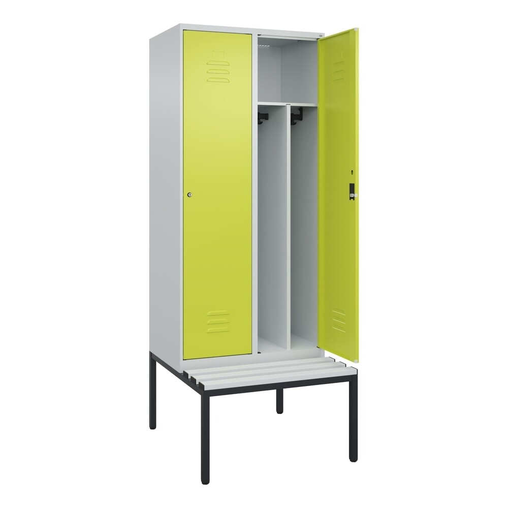 C+P Spind Classic PLUS, 2 Abteile, Trennwand, HxBxT 2.120 x 800 x 815 mm, Zylinderschloss, Trennwand, untergebaute Bank aus Kunststoff, lichtgrau, clowngrün