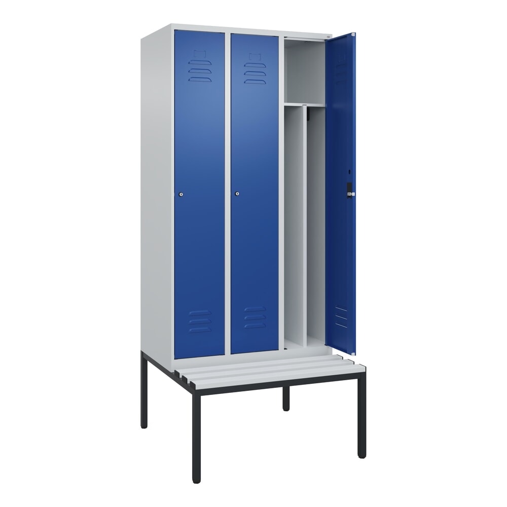 C+P Spind Classic PLUS, 3 Abteile, Trennwand, HxBxT 2.120 x 900 x 815 mm, Zylinderschloss, Trennwand, untergebaute Bank aus Kunststoff, lichtgrau, enzianblau