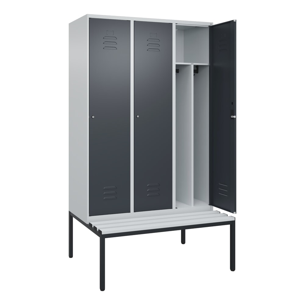 C+P Spind Classic PLUS, 3 Abteile, Trennwand, HxBxT 2.120 x 1.200 x 815 mm, Zylinderschloss, Trennwand, untergebaute Bank aus Kunststoff, lichtgrau, anthrazitgrau