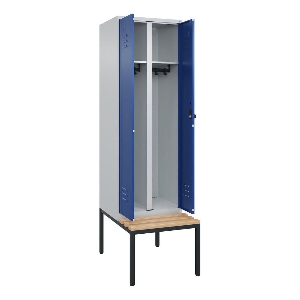C+P Schwarz-Weiss-Spind Classic PLUS, 2 Abteile, HxBxT 2.120 x 600 x 815 mm, für Vorhängeschloss, untergebaute Bank aus Buche, lichtgrau, enzianblau
