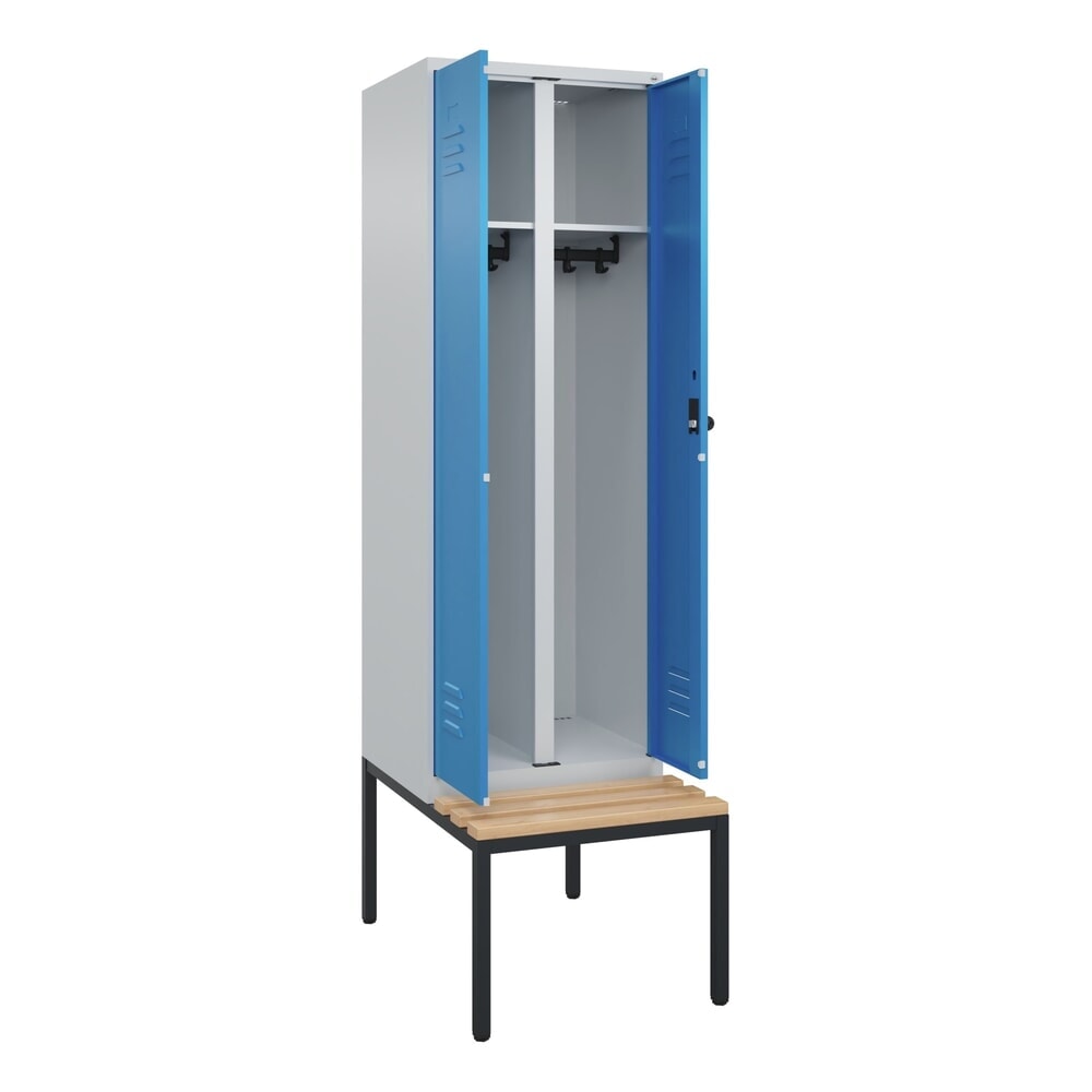 C+P Schwarz-Weiss-Spind Classic PLUS, 2 Abteile, HxBxT 2.120 x 600 x 815 mm, für Vorhängeschloss, untergebaute Bank aus Buche, lichtgrau, lichtblau
