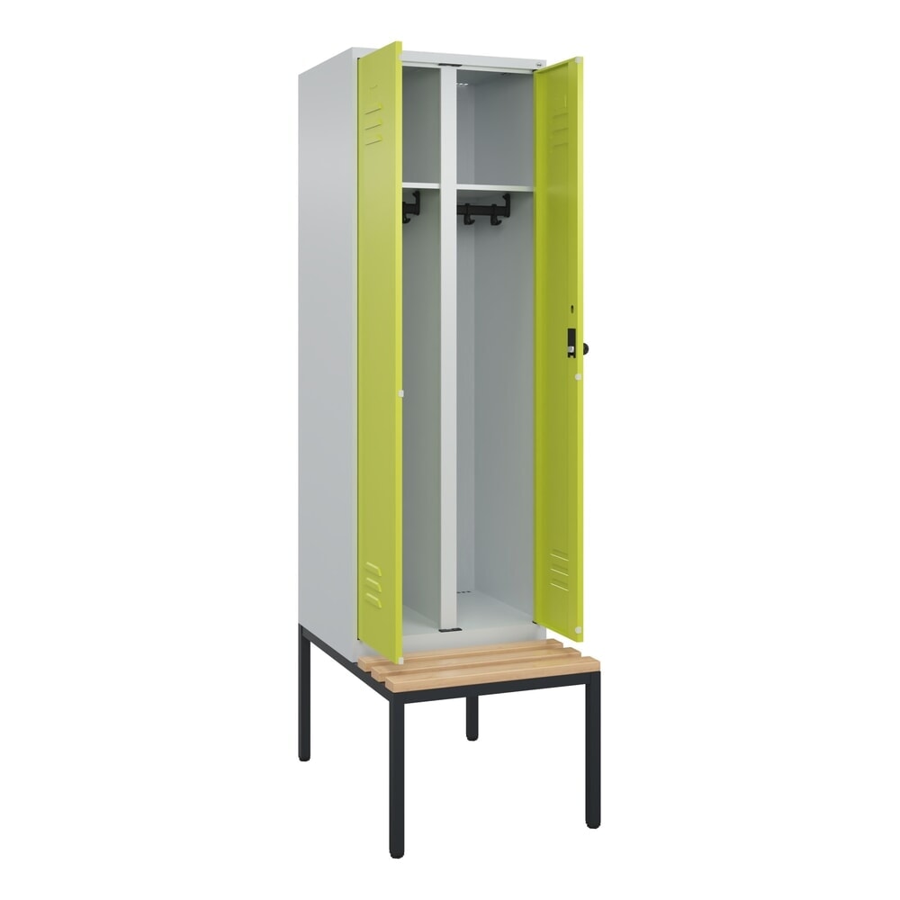 C+P Schwarz-Weiss-Spind Classic PLUS, 2 Abteile, HxBxT 2.120 x 600 x 815 mm, für Vorhängeschloss, untergebaute Bank aus Buche, lichtgrau, clowngrün